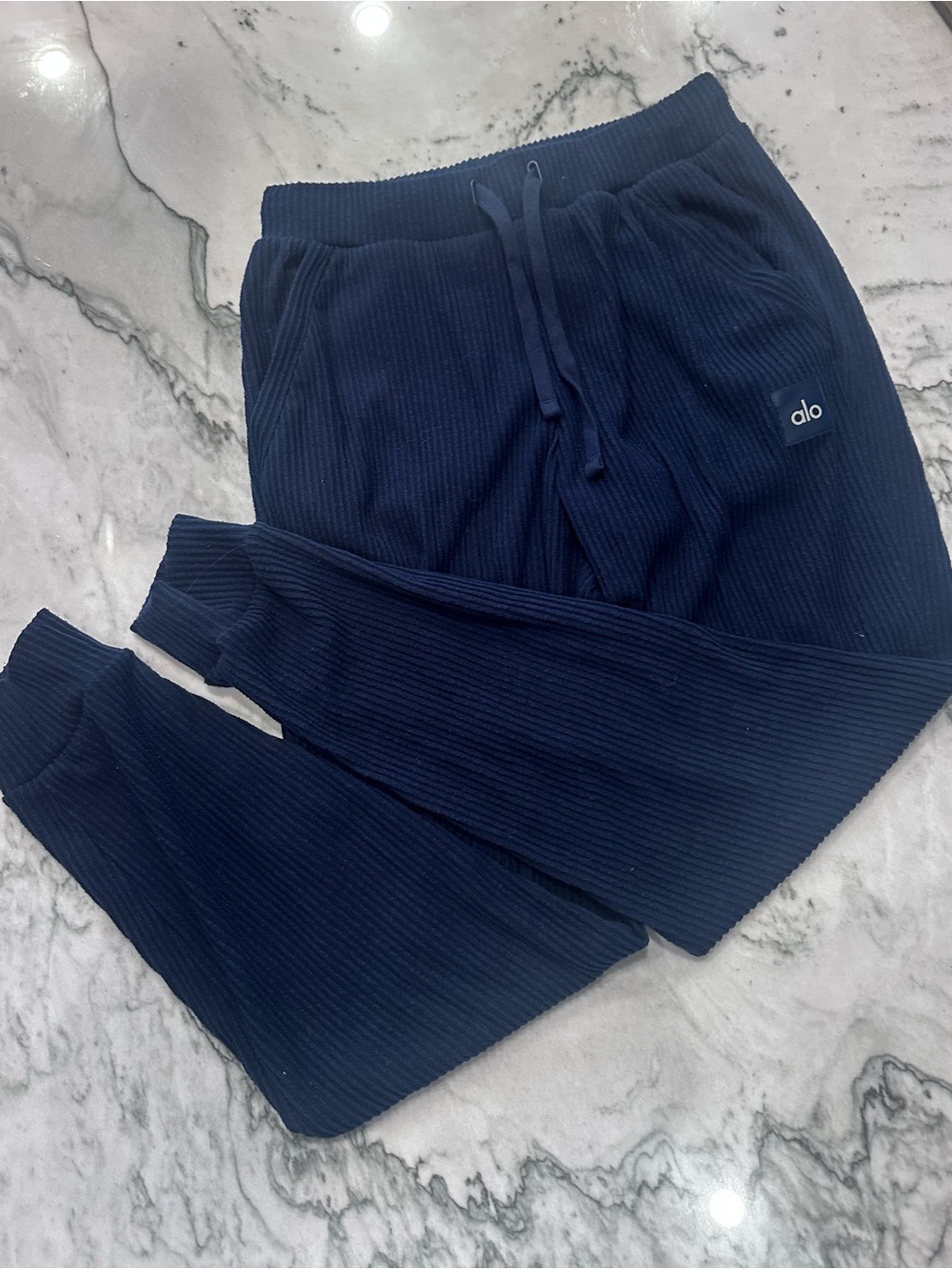 ALO Yoga Ribbed Drawstring Joggers and Matching Hoodie in Navy - Picture 3 of 4